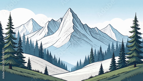Peaceful snowy mountain backdrop. Crisp winter landscape with mountains. Snow-covered peaks and pine trees. Snowy alpine scenery with trees. Winter mountains and forest view
