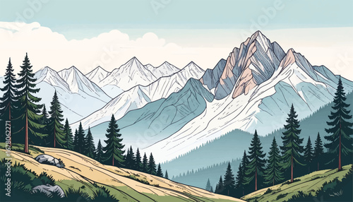 Crisp snowy mountains with forest scene. Winter landscape with towering mountains. Snow-covered peaks with fir trees. Mountain range art with snowy atmosphere. Snowy hilltop surrounded by pine trees