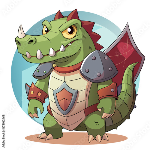 Cartoon Crocodile with Battle Scars and Armored Scales in Shield