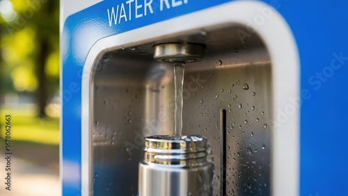 Reusable Stainless Steel Water Bottle being filled at an Outdoor Public Hydration Station, Providing Clean Drinking Water and Promoting Sustainability, Close up