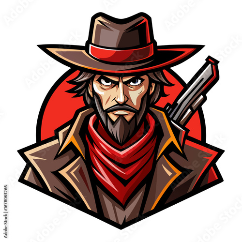Western Gunslinger Mascot with Stylized Shadows and Dynamic Shading