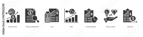Business Finance banner web icon set vector illustration concept with icon of business goal, financial statement, cost, sales, financial report, business value, expenses