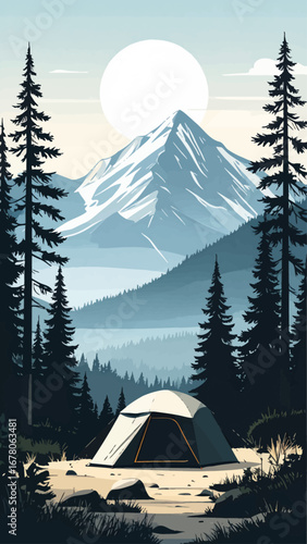 Mountain camping in a scenic valley. Peaceful mountain camping landscape. Serene tent camping in nature. Quiet forest camp under the mountains. Tent surrounded by pine trees