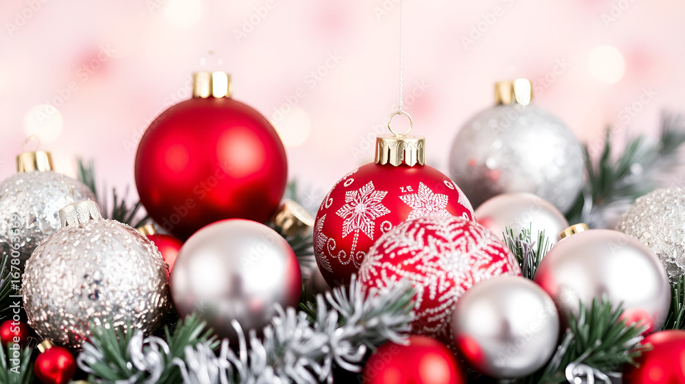 Obraz premium Red silver baubles festive christmas ornaments image