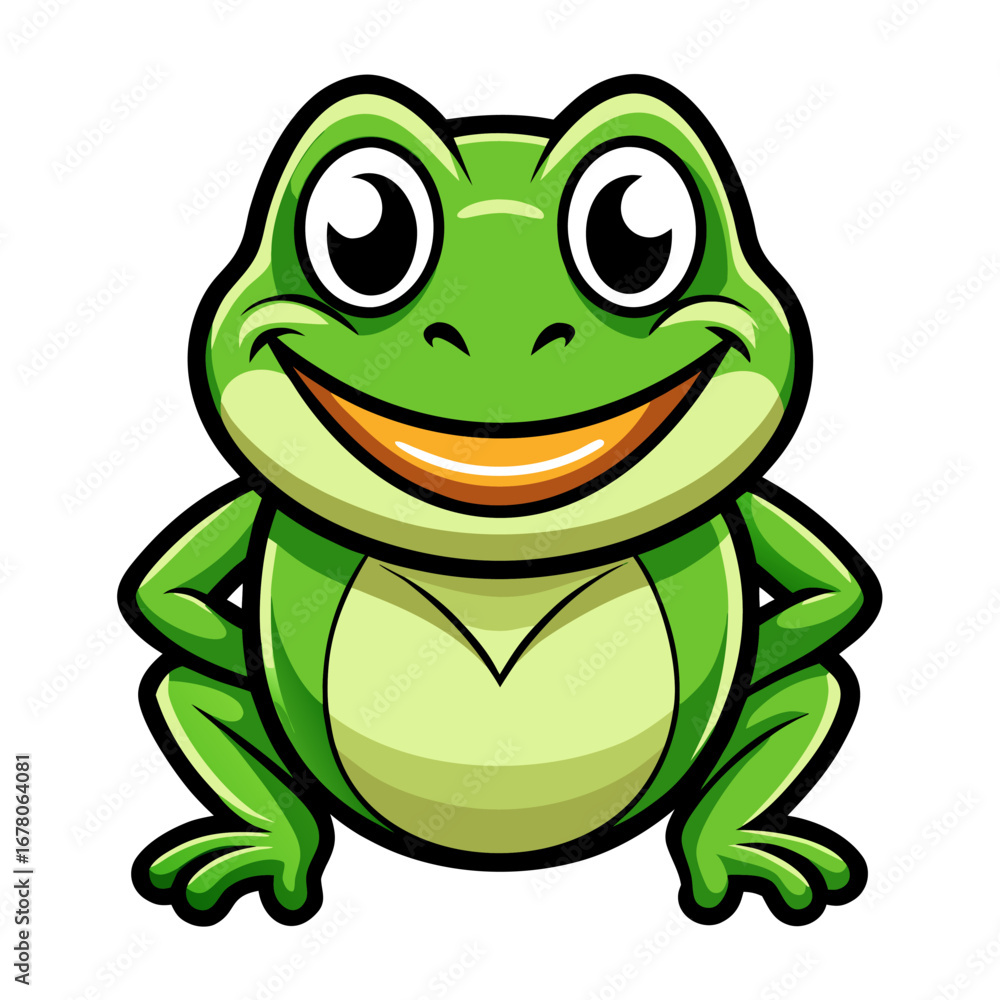 Naklejka premium Cartoon Frog Mascot with Cheeky Smile, Bold Outlines, and Glossy Finish