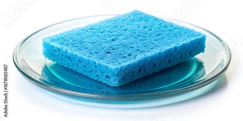 Bright blue fiber kitchen sponge resting on a clear glass plate for cleaning