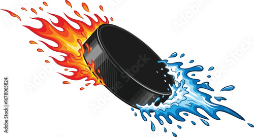 A hockey puck flies with trails of fire on one side and water on the other, against a white background.