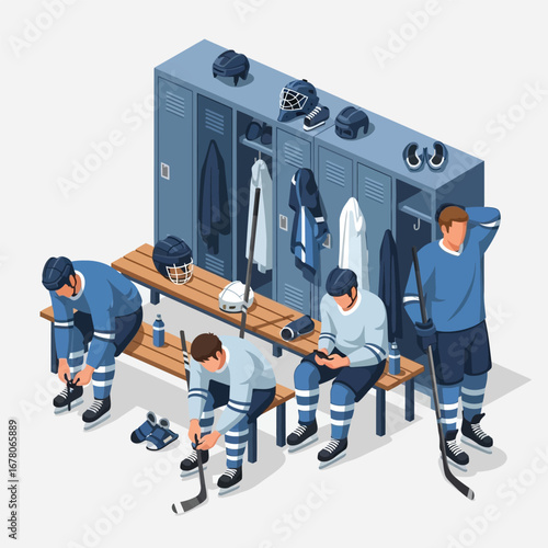 Four hockey players in a locker room preparing for a game, sitting on a bench with equipment and lockers behind them.