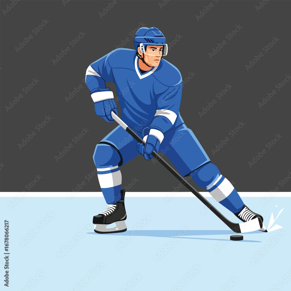 Obraz premium A hockey player in blue uniform, poised to strike the puck on the ice.