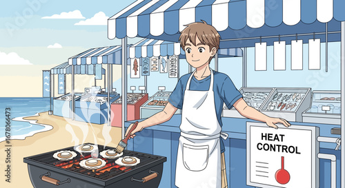 A beachside culinary adventure: An illustration of a young chef preparing seafood