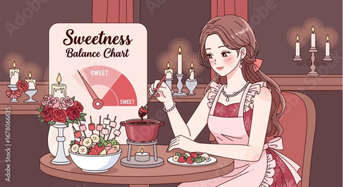 Elegant illustration of a woman enjoying a romantic chocolate fondue evening