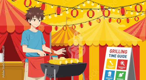Animated character at a summer festival grilling corn on the cob for sale
