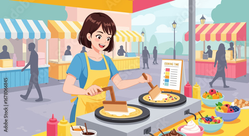 Cheerful crepe vendor crafting delicious treats at a vibrant outdoor food market