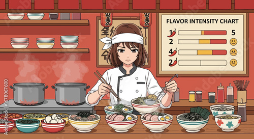 Anime-style ramen chef preparing flavorful bowls with a customizable spice level guide
