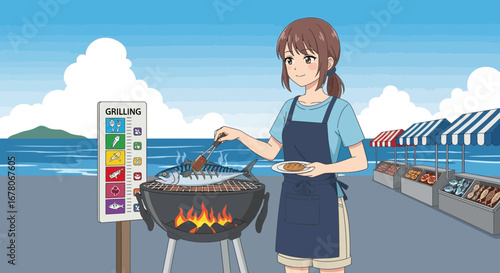 Anime depiction of a woman grilling fish outdoors in coastal marketplace setting