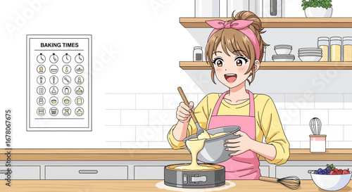 Enchanting anime girl joyfully baking a cake in a bright, orderly kitchen setting