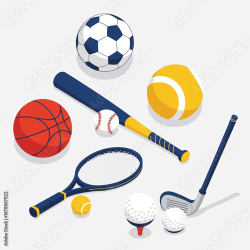 Assorted sports equipment including balls, a bat, and a golf club arranged on a white surface.