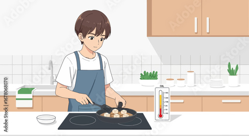 Anime-style illustration of a young cook frying food in a modern kitchen