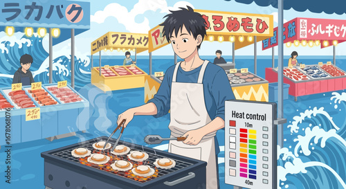 Anime-style seafood market floating on ocean waves with cook grilling scallops