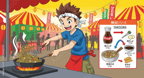Enthusiastic vendor cooking Yakisoba at a festive Japanese street food stall