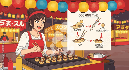 Animated illustration depicting a takoyaki food vendor at a Japanese festival