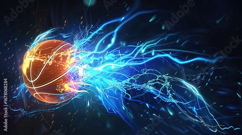 Dynamic basketball player mid-air performing powerful slam dunk with vibrant blue energy trails and splash effects capturing intense sports action and athletic motion.