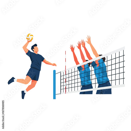 A volleyball player spiking the ball over a net, facing a blocking team.