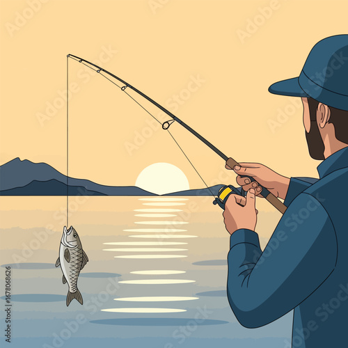 A person fishing at sunset, holding a fishing rod with a caught fish.