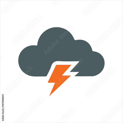 Gray cloud with an orange lightning bolt striking downwards on a white background thunder storm