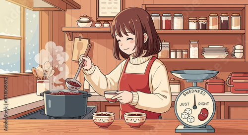 Cozy winter kitchen scene with a woman cooking sweet red bean soup anime style