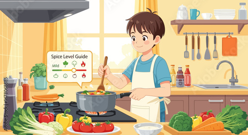 Illustration of a young chef cooking healthy meal in a bright and vibrant kitchen