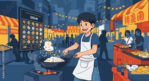 Dynamic street food scene: a chef preparing delicious fried rice amid vibrant stalls