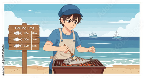 Boy preparing grilled fish on a beach barbecue with nautical backdrop and grilling time guide