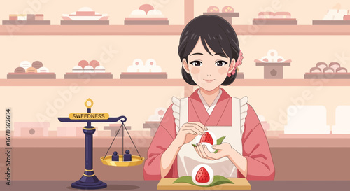 Delicate depiction of traditional Japanese mochi preparation by a skilled pastry chef