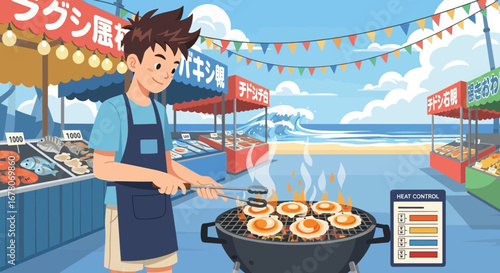 Seaside japanese street food fair with grilled seafood and happy vendor illustration