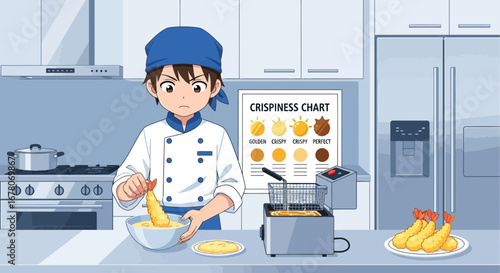 Anime styled chef preparing tempura in a modern kitchen with crispness chart
