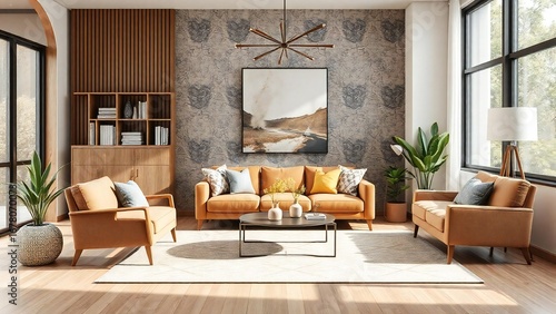 Wallpaper Mural Modern living room with warm orange sofa textured walls and natural light Torontodigital.ca