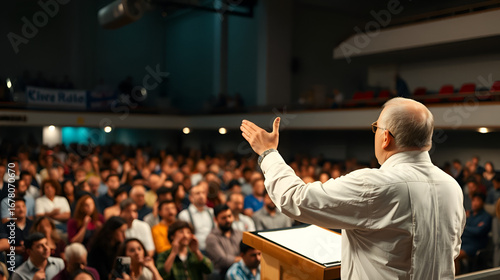 A pastor preaching to a large congregation