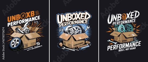 Automotive illustration with unboxed performance car parts turbo wheels springs and tools for mechanic garage t shirt design