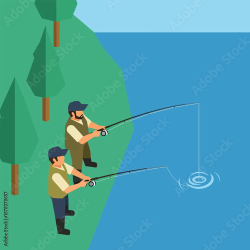 Two men are fishing by the water, casting their lines from a grassy bank with trees.