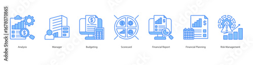 financial analysis banner web icon set vector illustration concept with icon of analysis, manager, budgeting, scorecard, financial report, financial planning, risk management