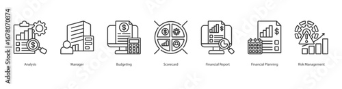 financial analysis banner web icon set vector illustration concept with icon of analysis, manager, budgeting, scorecard, financial report, financial planning, risk management