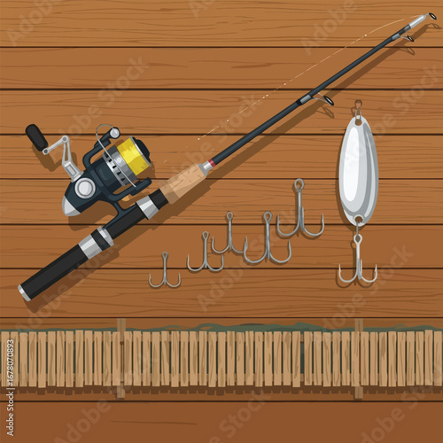 Fishing rod with reel, hooks, and lure arranged on a wooden surface with a bamboo border.