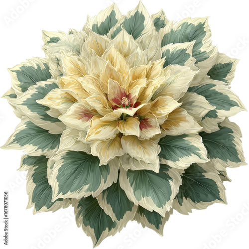 Elaborate layered petals of a plant with cream yellow and green variegation centered with red accents
