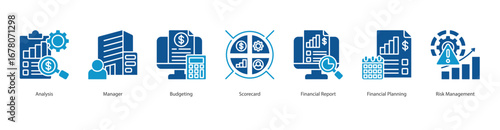 financial analysis banner web icon set vector illustration concept with icon of analysis, manager, budgeting, scorecard, financial report, financial planning, risk management