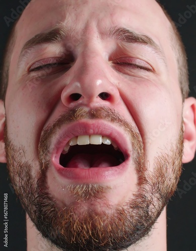 Close-up portrait of a man with an open-mouthed expression