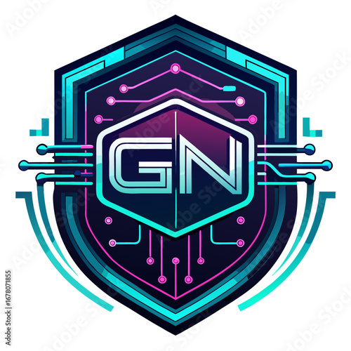 Neon “G/N” Initials in Digital Shield with Circuit Accents