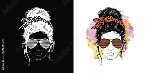 Trendy woman face illustration with sunglasses hair bun and bandana retro stylish artwork for poster print t shirt design