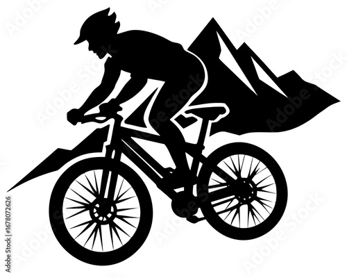 Silhouette of a mountain biker, dynamic action, vector illustration