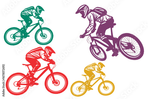 set of Silhouette of a mountain biker, dynamic action, vector illustration